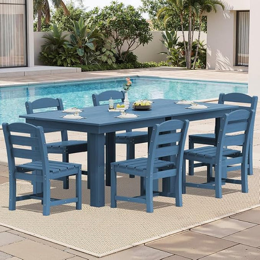 KINGYES 8-Piece HDPE Outdoor Dining Set for 6, Square Patio Table & Armless Chairs with Umbrella Hole, All-Weather Patio Dining Set for Backyard, Garden, Lawn & Poolside, Blue