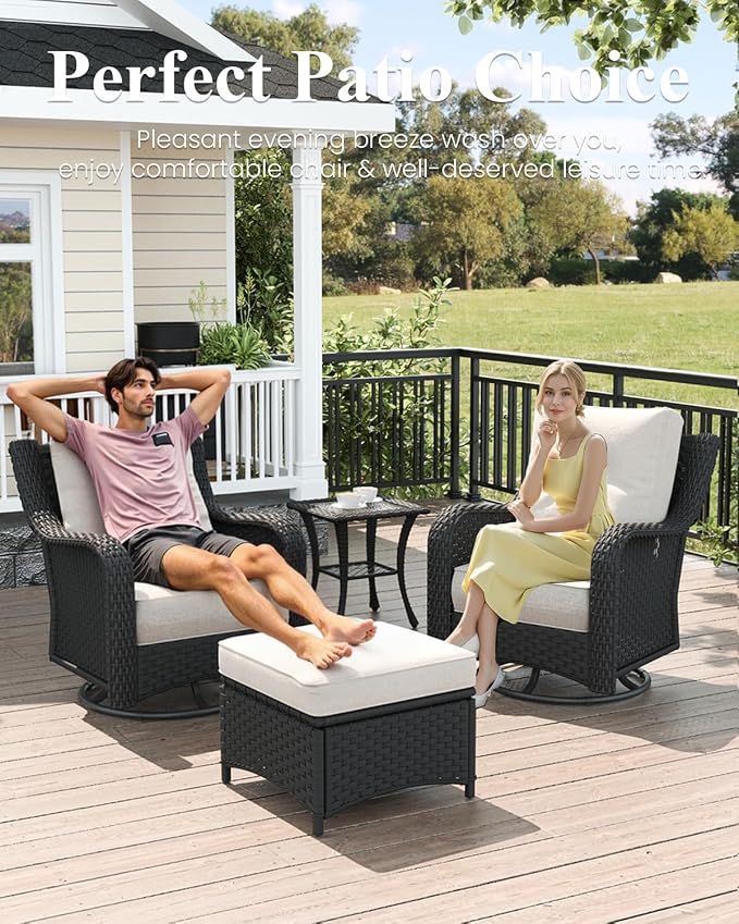 LayinSun 8 Piece Wicker Outdoor Furniture Set with 6-inch Comfy Cushions, High Back Patio Furniture Set with Swivel Rocking Chairs and Fire Pit Table