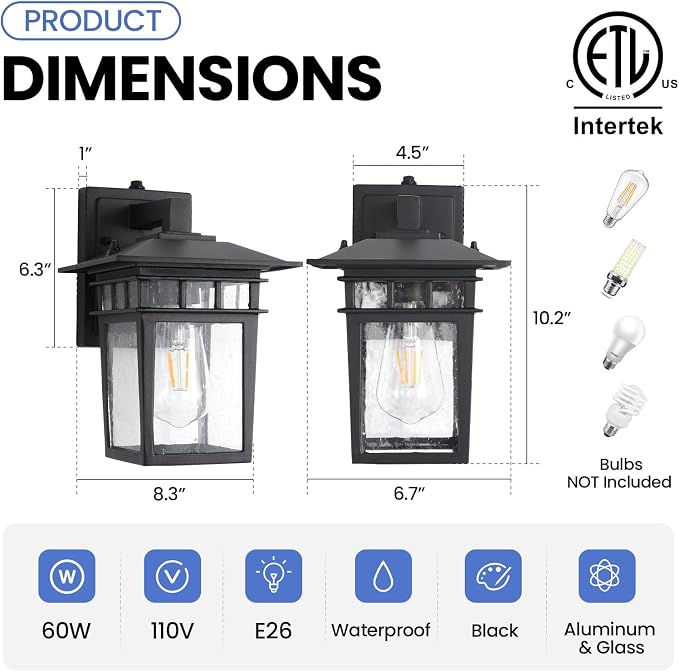 Dusk to Dawn Outdoor Wall Lantern 2 Pack Black Outdoor Sconce of Two