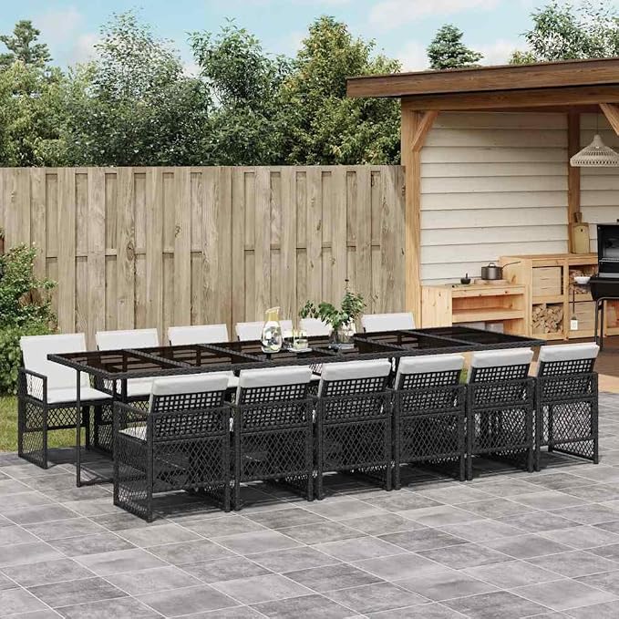 13 Piece Patio Dining Set, Poly Rattan Garden Table and Chairs with Cushions, Space-Saving Foldable Design for Backyard Balcony