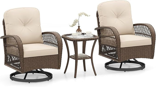 ORALNER 3 Pieces Wicker 360° Swivel Rocker Set Patio Furniture, Rocking Chairs with Cushions, Tempered Glass Coffee Table, Outdoor Rattan Bistro Set for Balcony Front Porch Deck Poolside (Beige)