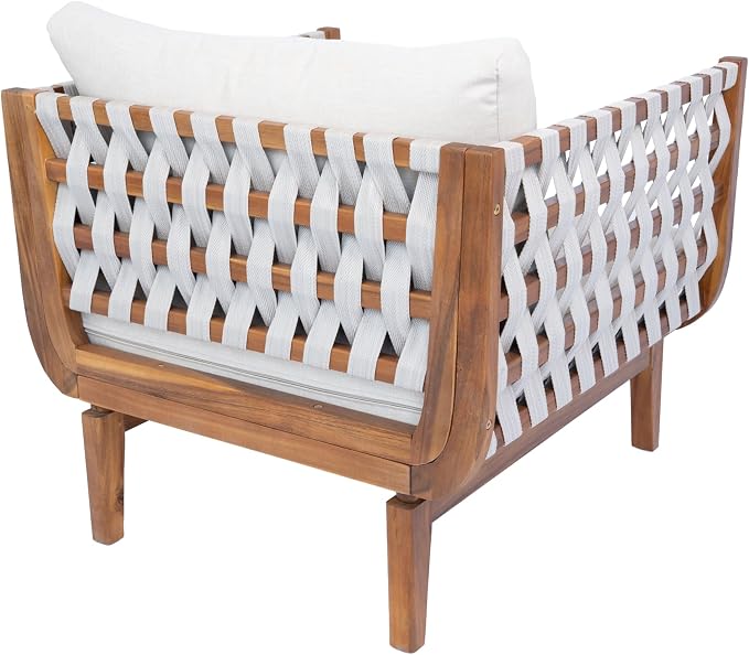 Merax 5 Piece Rope Woven Paito Conversation Set, Outdoor All-Weather Acacia Wood 3-Seater Sofa, 2 Armchairs with Cushions,1 Ottoman, 1 Coffee Table for Porch, Lawn, Backyard, Balcon, Teak+ Beige