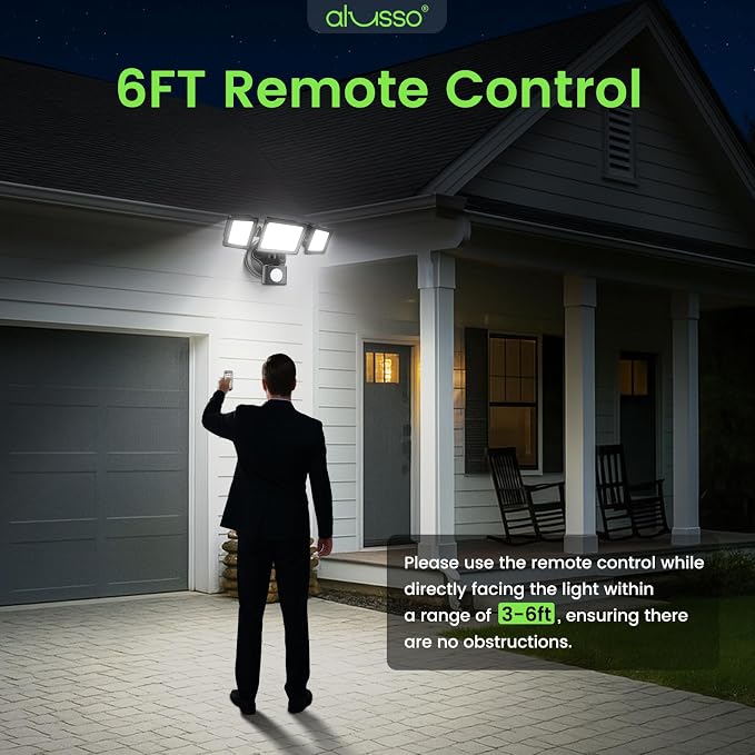 ALUSSO LED Security Lights Motion Sensor, 36W 3000LM Flood Lights Outdoor Motion Sensor with Remote, Dimmable Brightness 3000K-6000K CCT IP65 3 Heads Outdoor Security Light for House Garage Yard 2Pack