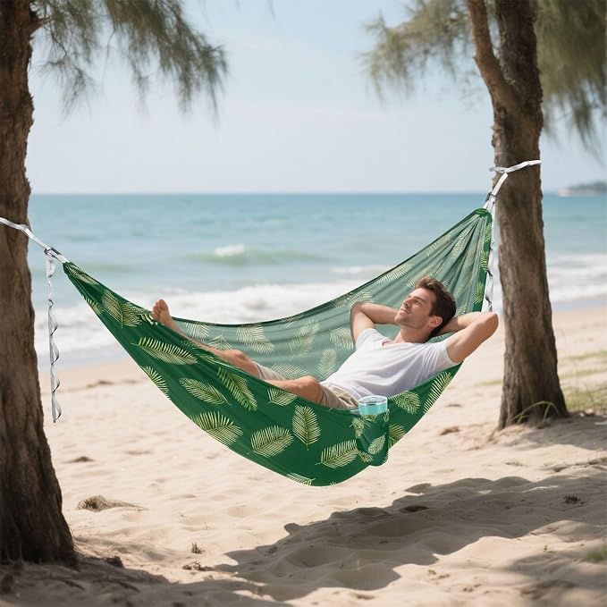 Camping Hammock Outdoor Hammocks for Outside Green Palm Leaves Beach Trees Portable Lightweight with Pockets Tree Straps Indoor