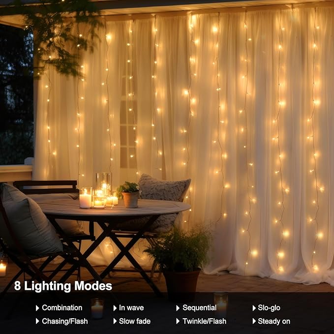 echosari 9.8ft×9.8ft Curtain Lights Battery Operated with Remote Warm White | 300 LED Hanging Light Timer Fairy Curtain Lights for Bedroom Patio Wedding Backdrop Party Decór