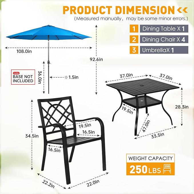 SUNCROWN 6-Piece Outdoor Wrought Iron Chairs and Table Patio Dining Furniture Set - 4 Stackable Metal Chairs, 1 Steel Slat Bistro Table and 1 Sky Blue 9Ft Patio Umbrella for Garden Backyard Deck