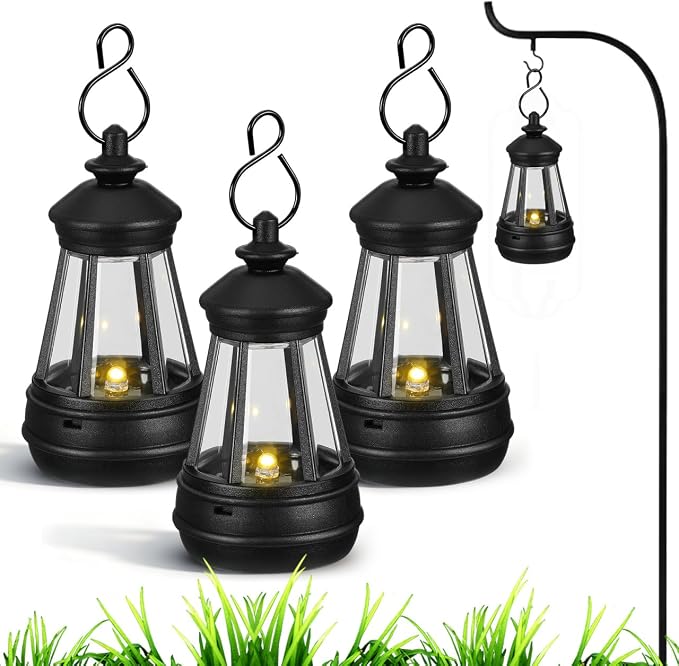 DOITOOL 3 Pcs Small Solar Lantern Lights 3.3x1.9 Inches | Mini Hanging Lights for Outdoor Figurine, Waterproof Garden Statue Replacement Ambient Night Light