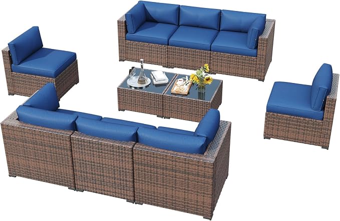 LazySunsets 10 Piece Outdoor Patio Furniture Set with Coffee Table, Outdoor Patio Furniture Sets with 4'' Thicken Cushion, Wicker Rattan Outdoor Conversation Set for Backyard, Blue