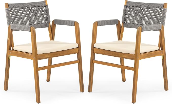 Christopher Knight Home Pasco Acacia Wood Outdoor Dining Table Set for 6, Wicker Patio Dining Set with Acacia Wood Table and Bench, Patio Table and Chair Set with Cushion+Rope Backrest, Teak+Grey