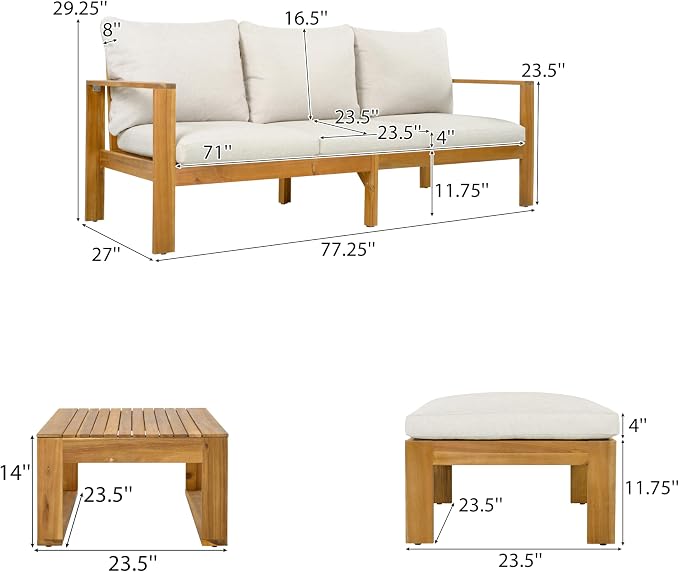 JIVOIT Acacia Wood Sectional Patio Furniture Set, Outdoor 3 Pieces Conversation Set with Acacia Wood Coffee Table for Backyard Porch Garden Balcony