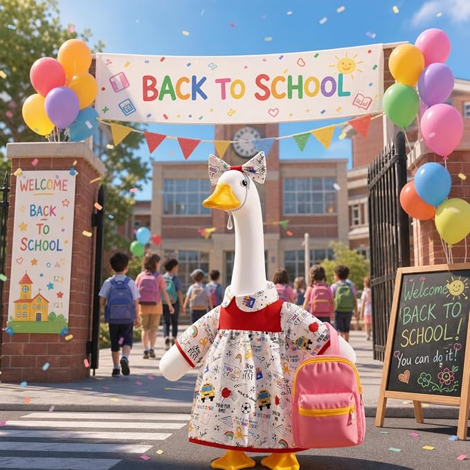 Outus Back to School Porch Goose Outfits Includes Notebook Doodle Dress Bow Headband and Pink Schoolbag First Day of School Classroom Goose Clothing for Outdoor Garden Yard Patio Lawn 23" Statue