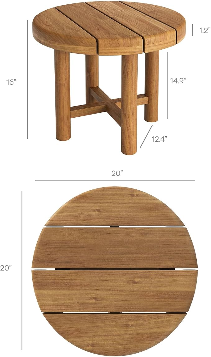Modway Eleni 20-Inch Outdoor Teak Wood Side Table in Natural – Round Patio End Table with Slatted Top for Patios, Decks, Or Gardens