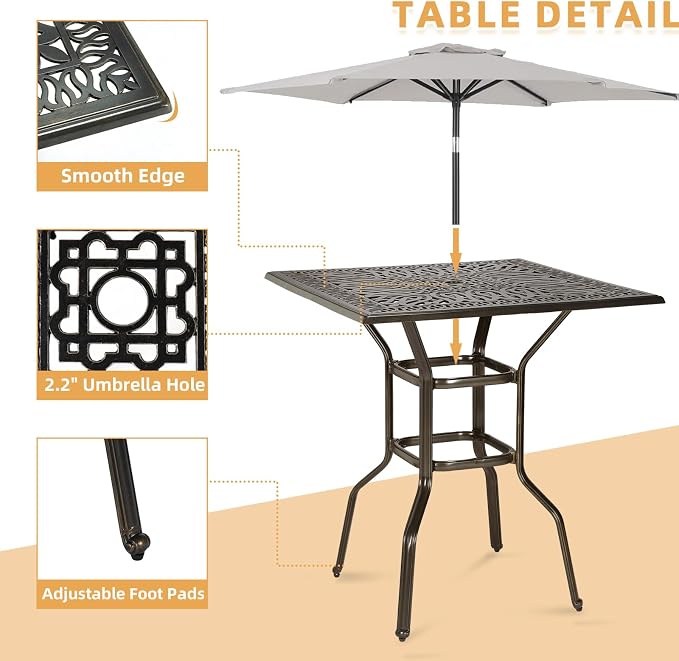Cast Aluminum Patio Bar Table, 35.4" Outdoor Bar Height Bistro Table with 2.2" Umbrella Hole, Patio Bistro Square High Top Dining Table Pub Table for Porch Balcony Backyard, Dark Bronze