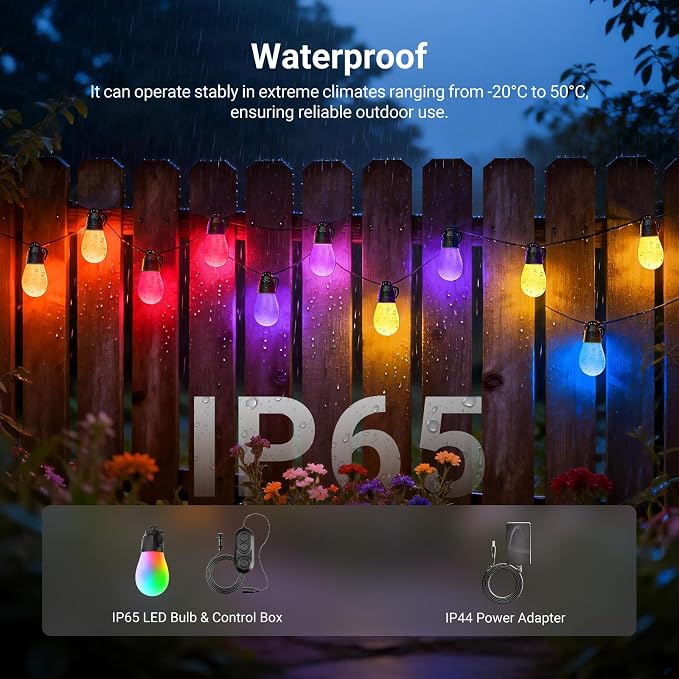 NEEWER 144ft Outdoor String Lights, App Control Smart AI RGB IC W Patio Balcony Backyard Outside Hanging Lighting, IP65 Waterproof, 45 LED Bulbs, 50+ Scenes, Compatible with Alexa Google, NR01