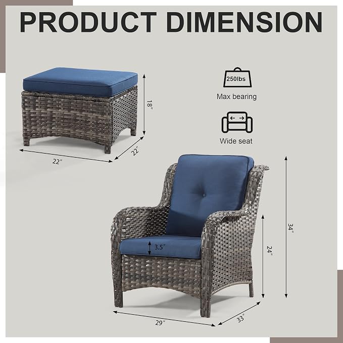 Wicker Chair Set 6 Pieces - Outdoor Wicker Patio Furniture Set with 4 Armchairs and 2 Ottomans, Olefin Cushions Included(Mixed Grey/Blue)
