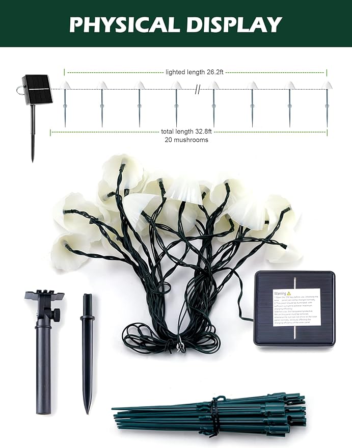 Solar Mushroom Garden Lights for Outside, 20 LED 32.8FT Solar Pathway Lights Outdoor Waterproof for Fence with 8 Lighting Modes for Patio Yard Decorative | 33FT Solar Pathway Lights with 8 Lighting Modes & Waterproof for Garden Fence Patio Yard Christm...