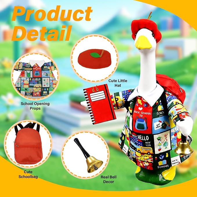Back to School Porch Goose Outfit,23”Goose Costume Clothes with Apple Hat Schoolbag for School Classroom Home Garden Yard Pathway Patio Decor