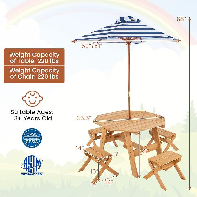 Costzon Kids Picnic Table, Fir Wood Octagon Kids Table and Chair Set with Removable Umbrella, Toddler Activity Table for Backyard, Garden, Patio, Kids Outdoor Furniture for Boys Girls (Natural)