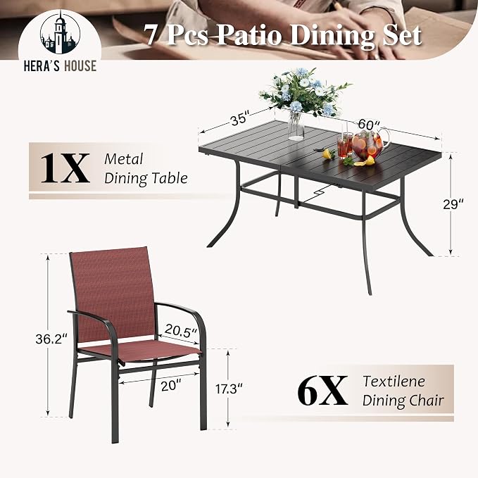 HERA'S HOUSE 7pc Outdoor Patio Dining Set for 6, Textilene Chairs, Red | 60" rectangular metal table with umbrella hole. Waterproof, rust-resistant, all-weather for backyard, porch