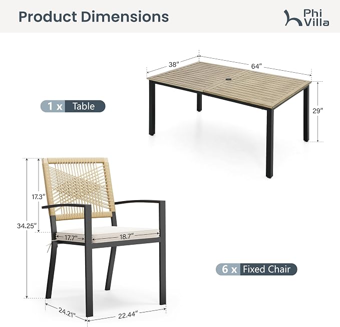 PHI VILLA Outdoor Dining Set for 4, Wood-Like Table, Wicker Chairs | Outdoor Dining Set for 6, Rectangular Patio Dining Table Set with Patio Wicker Chairs for Garden, Porch, Deck