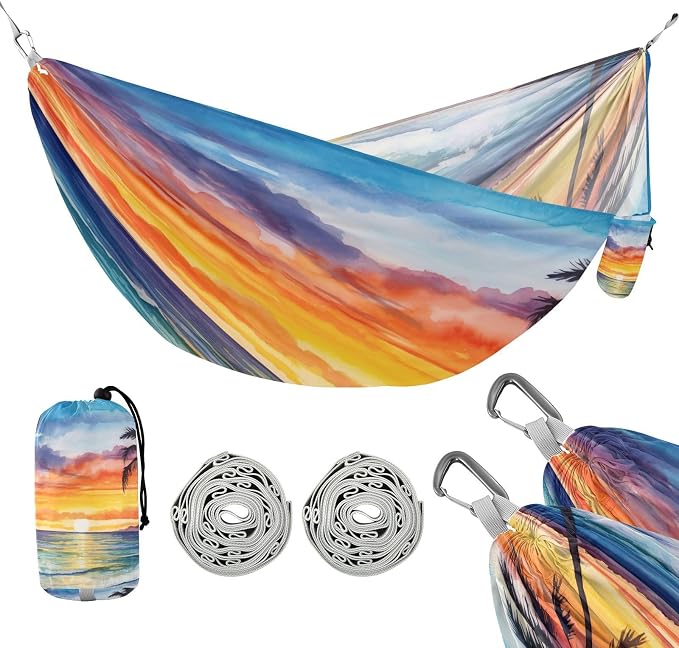 Qilmy Sunset Camping Hammock Single – 330 lbs Capacity, Lightweight with Tree Straps & Carabiners, Portable for Hiking, Travel, Backpacking