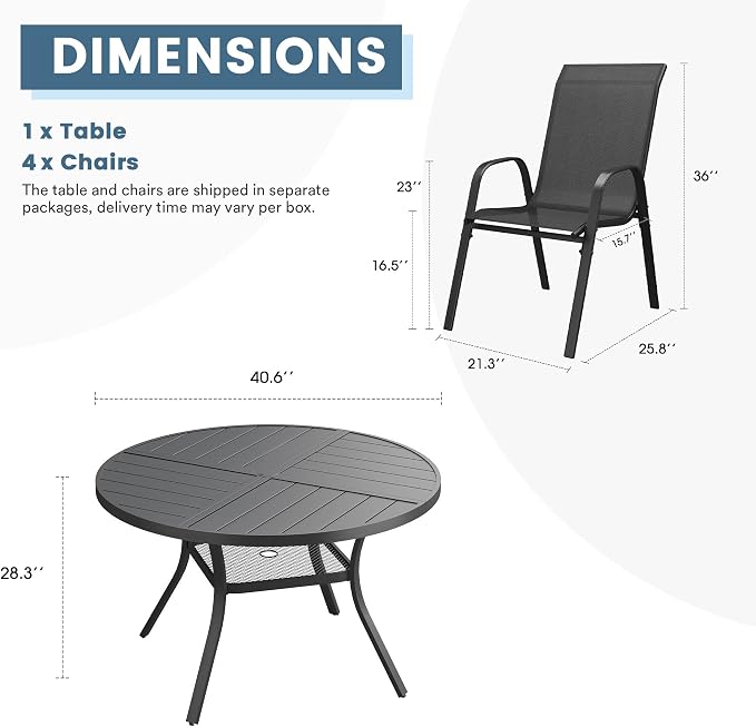 DIFY 5 Piece Outdoor Dining Set, 40" Black Round Metal Dining Table and Dark Grey Textilene Stackable Patio Chairs, Patio Table and Chairs Set for 4 with Umbrella Hole for Backyard Garden Deck