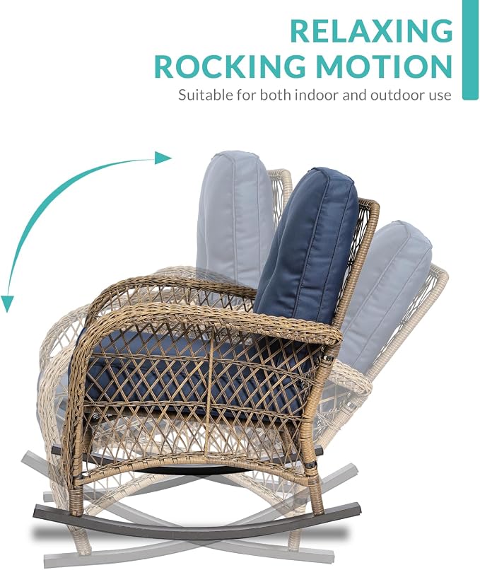 MEETWARM 7 Pieces Outdoor Patio Rattan Furniture Sets, All Weather Patio Wicker Conversation Set- 2 Rocking Chairs, 2 Swivel Chairs, 1 Loveseat Glider w/Cushions, 2 Glass-Top Coffee Table, Navy Blue