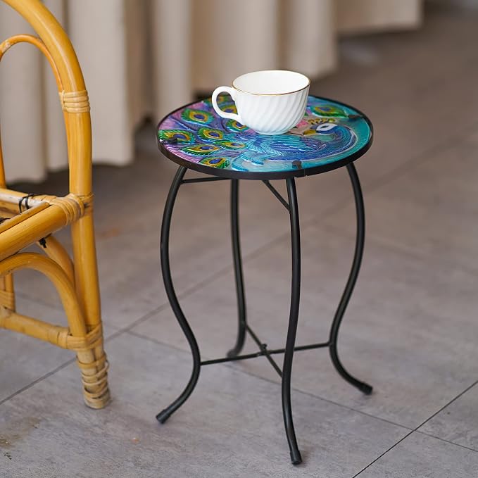 Peacock Patio Side Table, Small Patio Outdoor Side Table, Plant Table,Metal Glass End Table for Porch Garden Yard Pool.