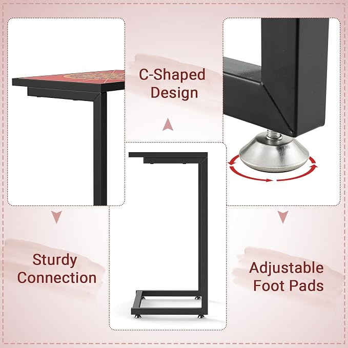 Tangkula C-Shaped Outdoor Side Table, w/Ceramic Top & Anti-Rust Metal Frame, Small Patio End Table for Couch, Sofa & Bed, Outdoor & Indoor Accent Furniture for Living Room, Poolside, Balcony (1, Red)