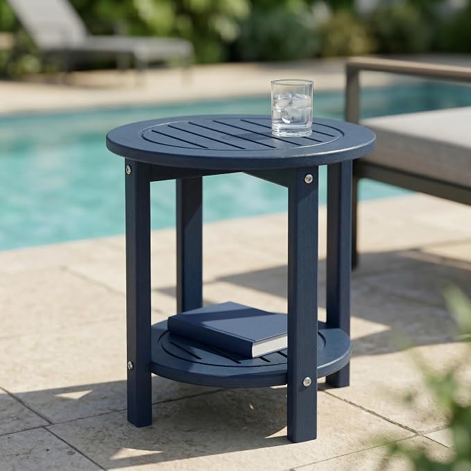 2-Tier Outdoor Side Table, Round HDPE Adirondack Table for Patio, All-Weather Resistant End Table with Storage Shelf for Porch, Garden, Deck and Poolside, 220 lbs Capacity, Navy Blue