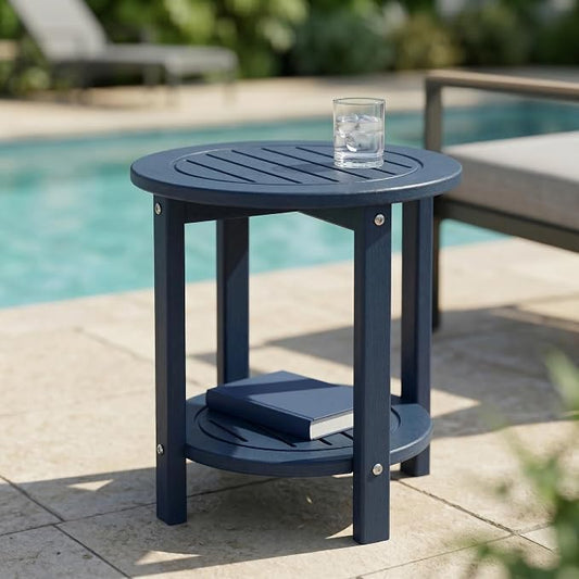 2-Tier Outdoor Side Table, Round HDPE Adirondack Table for Patio, All-Weather Resistant End Table with Storage Shelf for Porch, Garden, Deck and Poolside, 220 lbs Capacity, Navy Blue