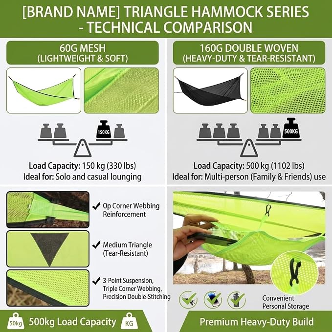 Multi-person triangular hammock, aerial camping hammock, suspended type, suitable for outdoor adventures, hiking, backyards, and gardens, includes straps, buckles, and storage bag (Green, 110in*110in)