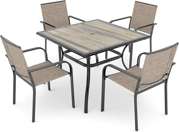Anmutig 5-Piece Outdoor Patio Dining Set 37 Inch Square Wooden-Like PVC Table with 4 Stackable Chairs for Garden Backyard White