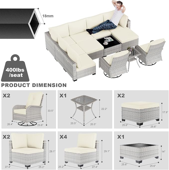 12-Piece Patio Furniture Set, Outdoor Patio Furniture with Swivel Chairs Set, Ottomans, Modular Patio Sofa, Dual-Strand Wicker Rattan, Rust-Resistant Frame, Ivory
