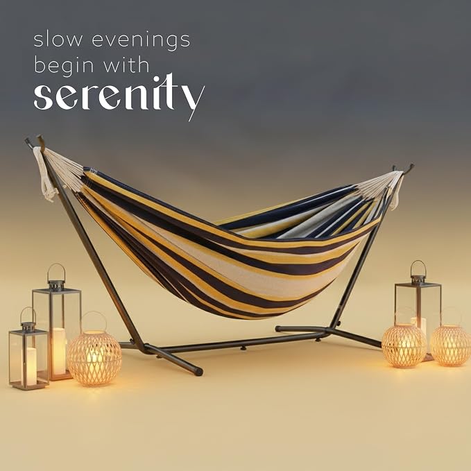 Vivere Double Cotton Hammock with Space Saving Steel Stand, Upgraded Polyester End Strings 450 lb Capacity - Premium Carry Bag Included - USA Grown Cotton (Serenity)