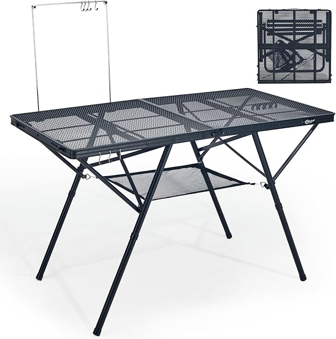 Portal Iron Mesh Folding Grill Table with 2 Adjustable Heights(15" & 29"), Heavy Duty Metal Camp Table, Heat-Resistant Tabletop for BBQ & Outdoor Cooking, One-Piece Folding Design, Dark Gray