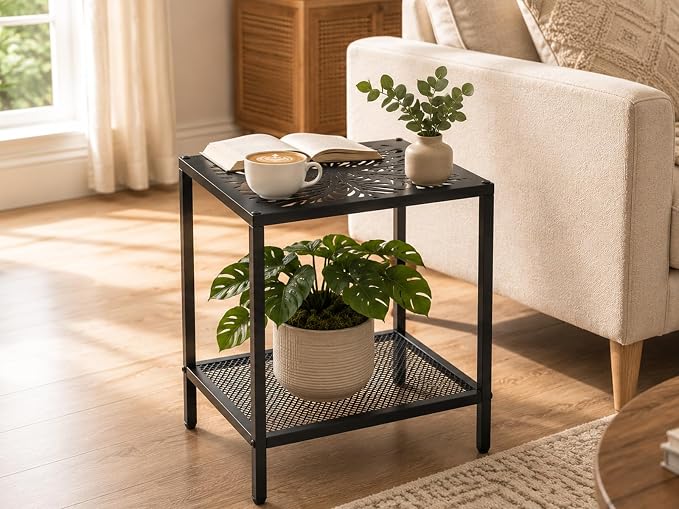 2-Tier Metal Side Table Rectangle Small End Table with Storage Shelf Laser-Cut Leaf Pattern Accent Table Indoor Outdoor Small Space Coffee Table for Living Room, Bedroom, Patio, Plant Stand, Black