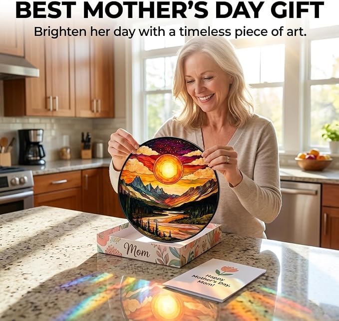 Birthday Gifts for Women - Sunset Mountains River Faux Stained Glass Window Hanging Sun Catcher for Door Garden Acrylic Decor Mother's Day Christmas for Mom Nana Men Grandma Wife 11.8"