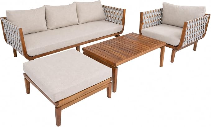 Christopher Knight Home Gwen 4 Piece Acacia Wood Patio Conversation Set with Sofa, Coffee Table, Ottoman and Club Chair, Patio Sofa Set with Cushions, Outdoor Patio Furniture Set for 5, Teak+Beige