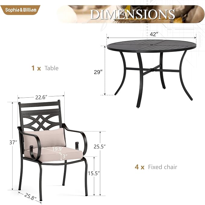 Sophia & William Patio Dining Set, Steel, Black | Umbrella Hole, E-Coated, Cushions Included, For Patio, Garden and Yard