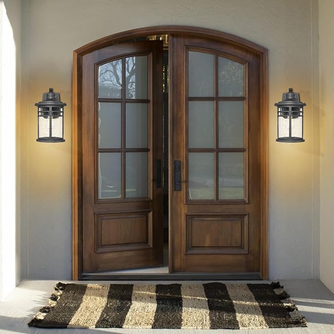 Darkaway Dusk to Dawn Outdoor Porch Wall Light,Outside Wall Mounted Light Seeded Glass Exterior Waterproof Lantern 14.57inch Large Modern Wall Sconce Lighting for House Front Door Garage