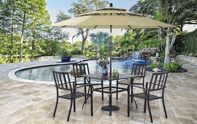PHI VILLA 5 Pcs Outdoor Dining Set with 10ft Umbrella | 37" Square Metal Dining Table & 4 Stacking Metal Chair with 3 Tier Red Umbrella for Patio, Deck, Yard, Porch