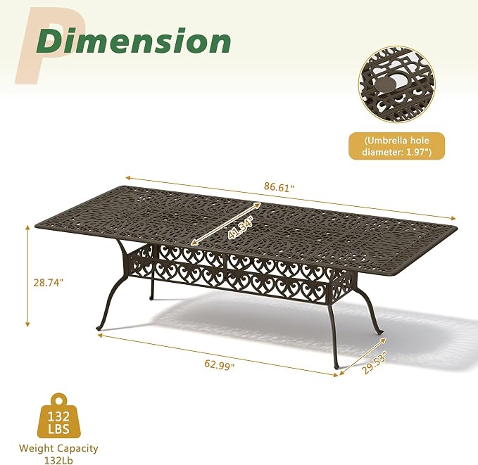 Patio Dining Table, Outdoor Patio Table with Umbrella Hole Bronze Square Cast Alluminum Patio Metal Dining Table, Outdoor Furniture for Backyard Lawn Balcony Deck (87" Rectangular)