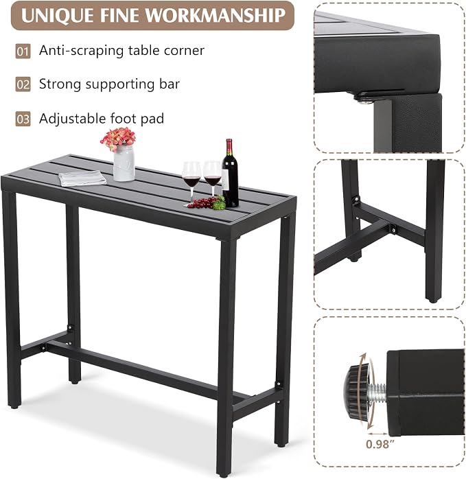 Outdoor Bar Table, Patio Counter Height Bar Tables, 47" Rectangle Bar Table for Patio, Garden, Yard, Balcony, Poolside
