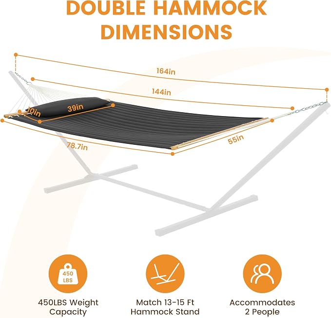 Lazy Daze Hammocks 12 FT Double Quilted Fabric Hammock with Spreader Bar and Detachable Pillow, 2 Person Double for Outside Patio Poolside Backyard Beach, 450lbs Capacity, Gray