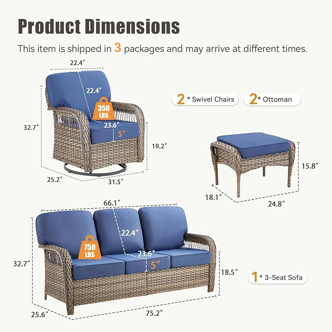 5 PCS Patio Furniture Set Outdoor Sectional Sofa Couch with Rocking Swivel Chairs 5" Deep Seat Chairs, Modern Wicker Rattan Conversation Set, Blue/Gray Wicker
