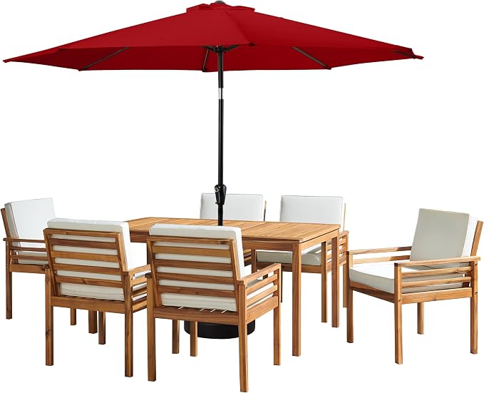 Alaterre Furniture Okemo 8 Piece Outdoor Dining Set with Umbrella - Solid Acacia Wood Outdoor Furniture Set with 63” Patio Table, 6 Patio Chairs, and 10ft Red Umbrella