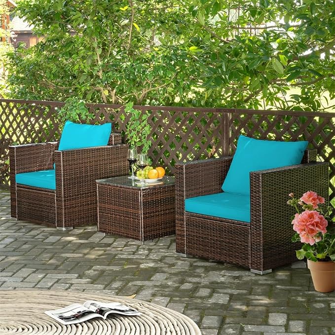 3PCS Patio Rattan Furniture Set Conversation Sofa Cushioned Turquoise