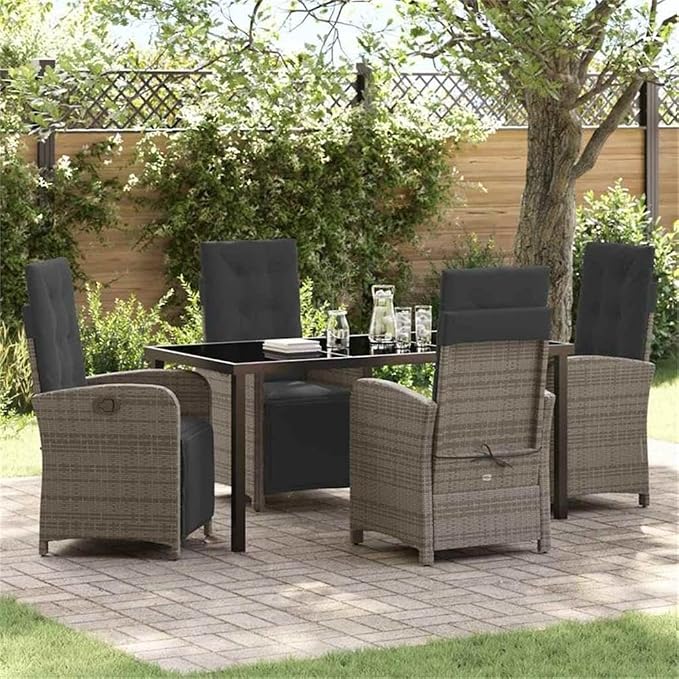 Afuera Living 5 Piece Poly Rattan Garden Dining Set, Gray with Cushions, Tempered Glass Tabletop, Weather-Resistant Frame, Modern Outdoor Patio Furniture for Gardens or Decks, Seats 4