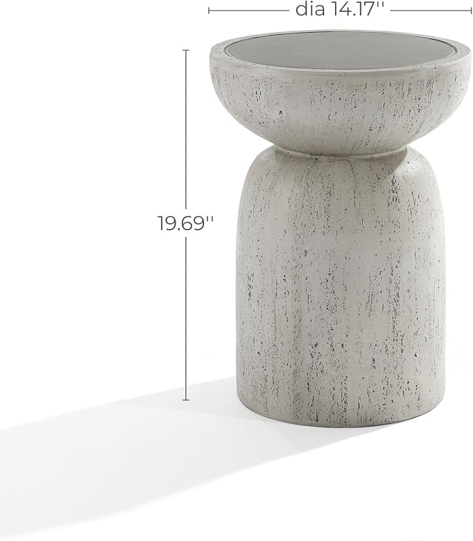 LuxenHome 20" Outdoor Side Table, MgO Rustic End Tables for Patio,Off White and Gray Weathered Round Table, Small Accent Table for Indoor Outdoor Use, Decorative Garden Stool